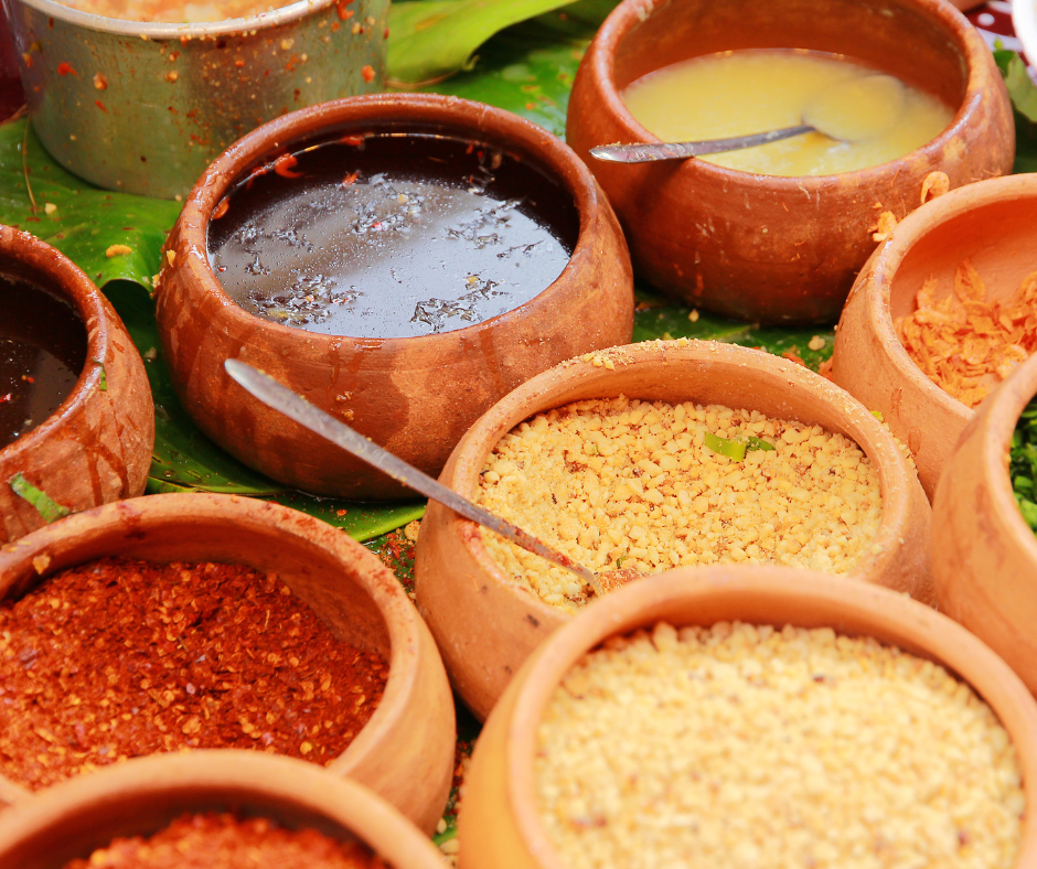 Traditional bowls of Middle Eastern spices and condiments