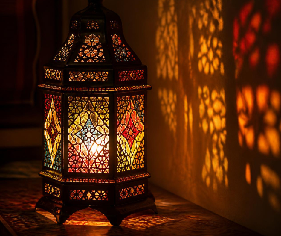 Ornate Syrian lantern casting patterned light