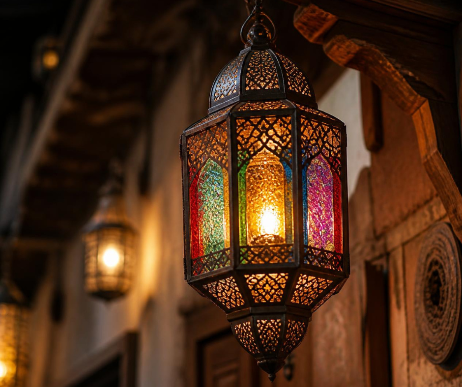 Traditional Syrian lantern glowing at night